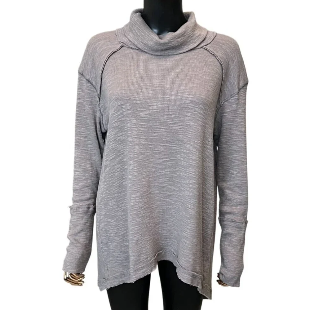 Free People Boho Taupe Slub Knit Cowl Neck Split Back Tunic Sweater Small